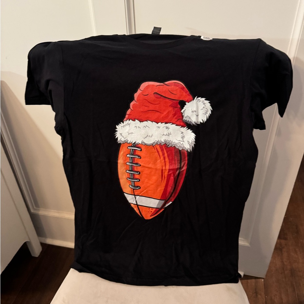Black T-Shirt with Santa Hat Football Design